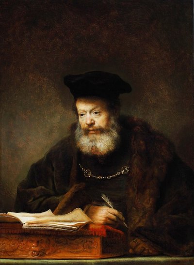 Geleerde aan zijn schrijftafel door Rembrandt van Rijn